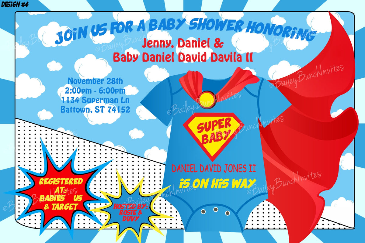 Superhero Baby Shower Invitations BABYHEROINVITE0520 – Bailey Bunch Designs